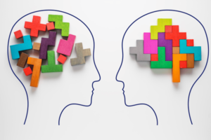 Image of brain analogy of a brain before and after cognitive behavioral therapy.