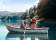 Image of two men fishing in a boat in middle of lake